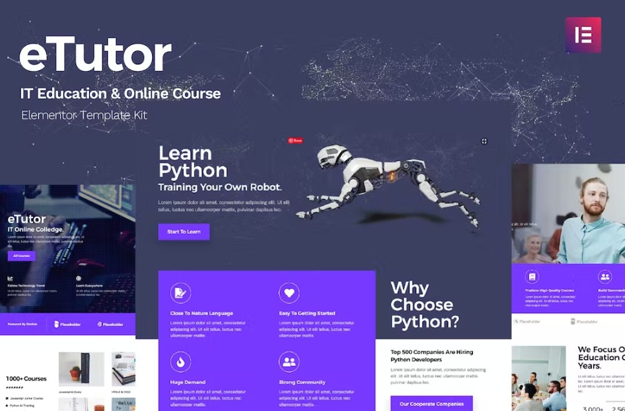 Free eTutor Education & Online Course Elementor Pro Template Kit Download