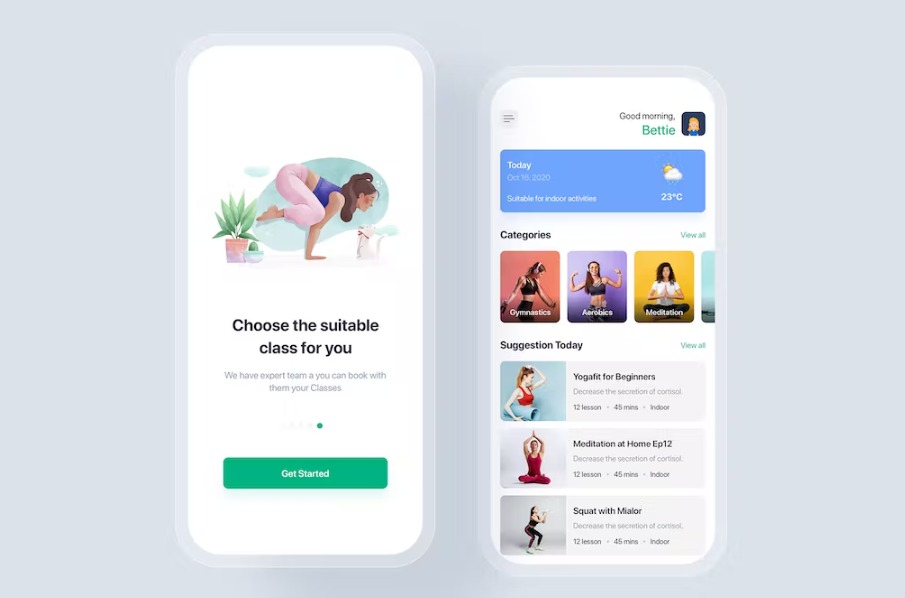 Free Yoga & Fitness App mobile UI Concept Template Download