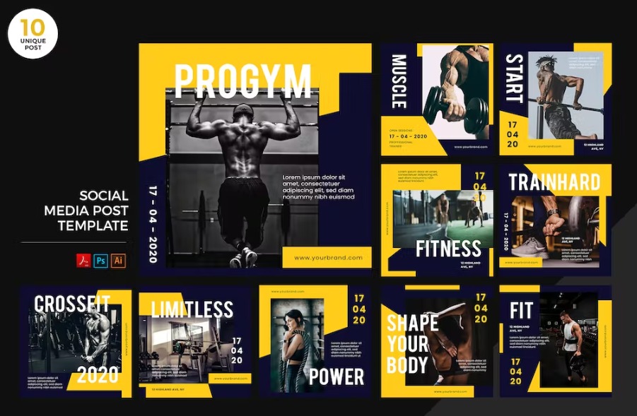 Free Gym Healthy Lifestyle Social Media Kit PSD & AI Template Download