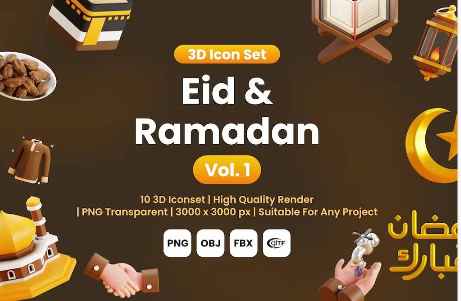 Free Ramadan And Eid Mubarak 3d icons Template Download