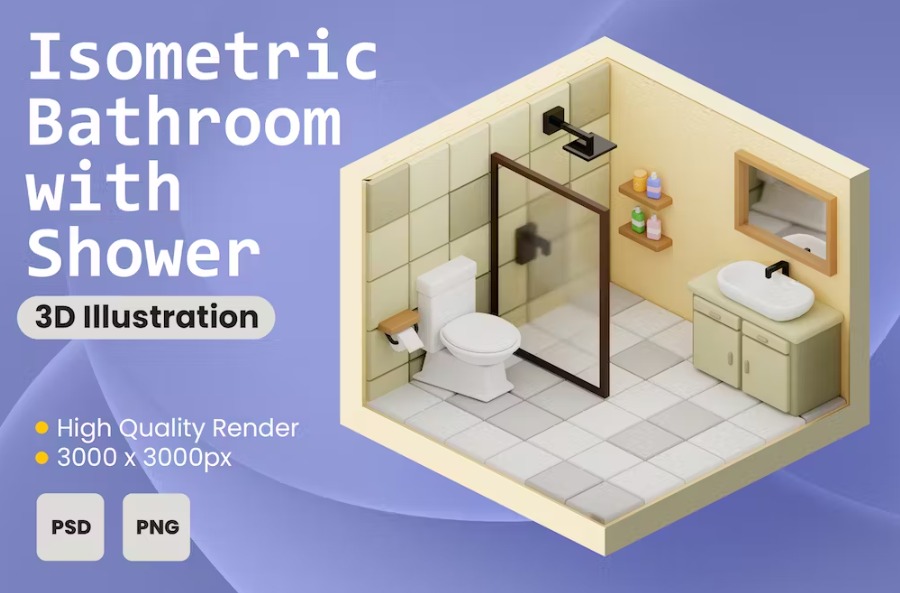 Free 3D Isometric Bathroom with Shower Illustration Download