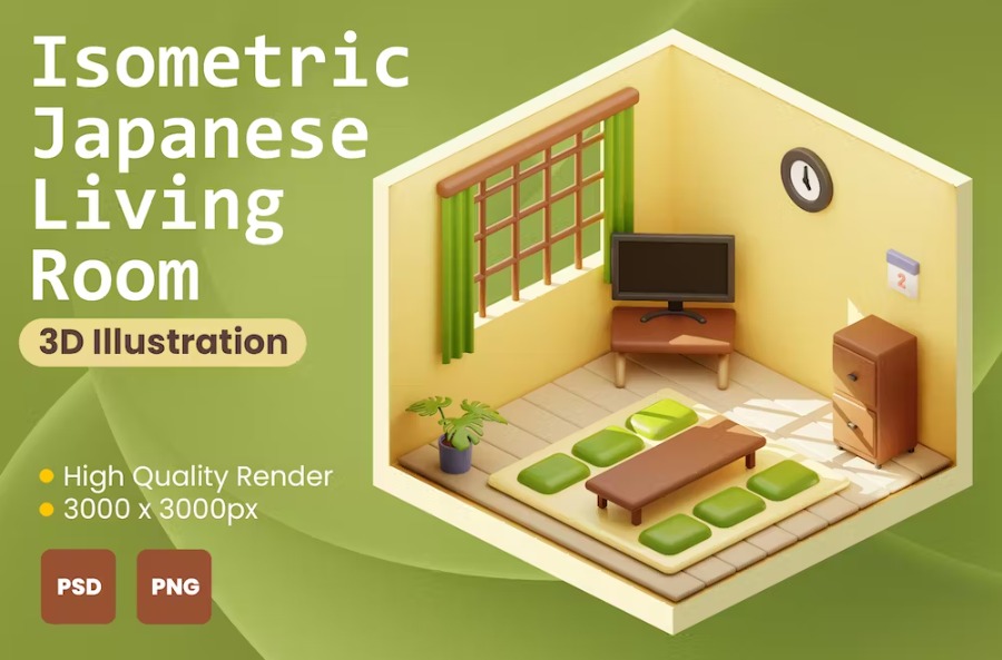 Free 3D Isometric Japanese Living Room Illustration Download